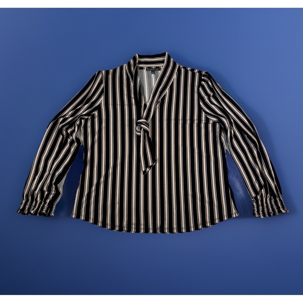 Adrianna Papell Women's Medium Black‎ White Stripe Tie Front Blouse